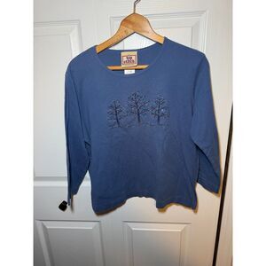 Top Stitch by Morning Sun XL Blue Embellished Tree 3/4 Sleeve Knit Top